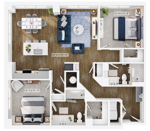 Floor plan for 2 beds, 2 baths, 1207 sqft